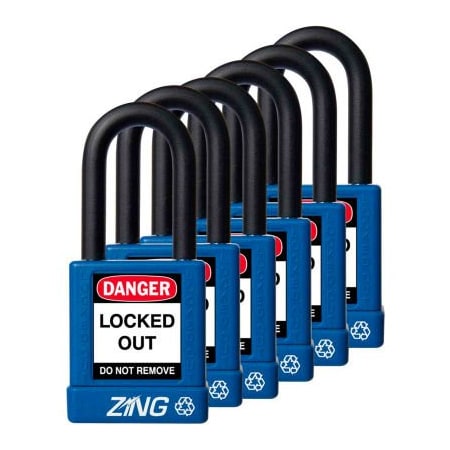 Zing ZING RecycLock Safety Padlock, Keyed Alike, 1-1/2" Shackle, 1-3/4" Body, Blue, 6 Pack, 7065 7065